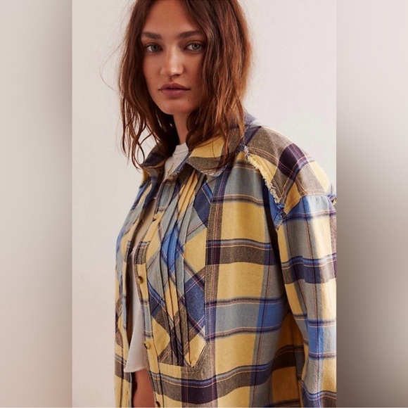 Free People Layla Plaid Shirt We The Free Yellow Combo - Picture 4 of 7